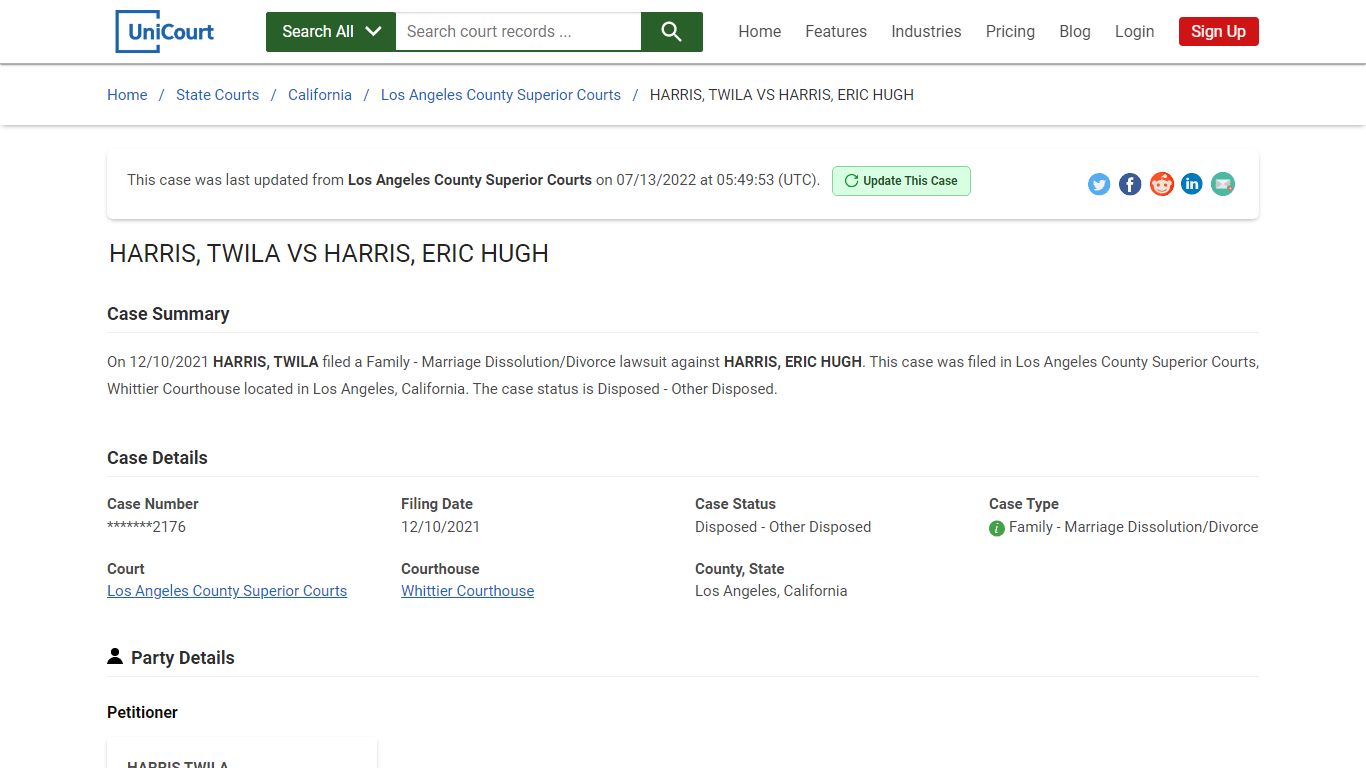 HARRIS, TWILA VS HARRIS, ERIC HUGH | Court Records - UniCourt